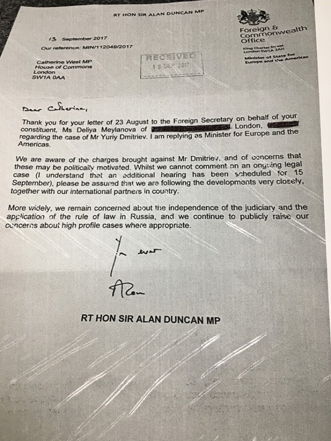 Foreign Office letter about Dmitriev, 15 September 2017